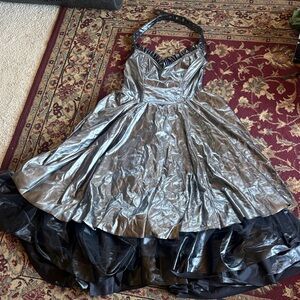Vintage Lip Service Vice Silver Halter Swing Dress Black Tulle Underskirt PVC